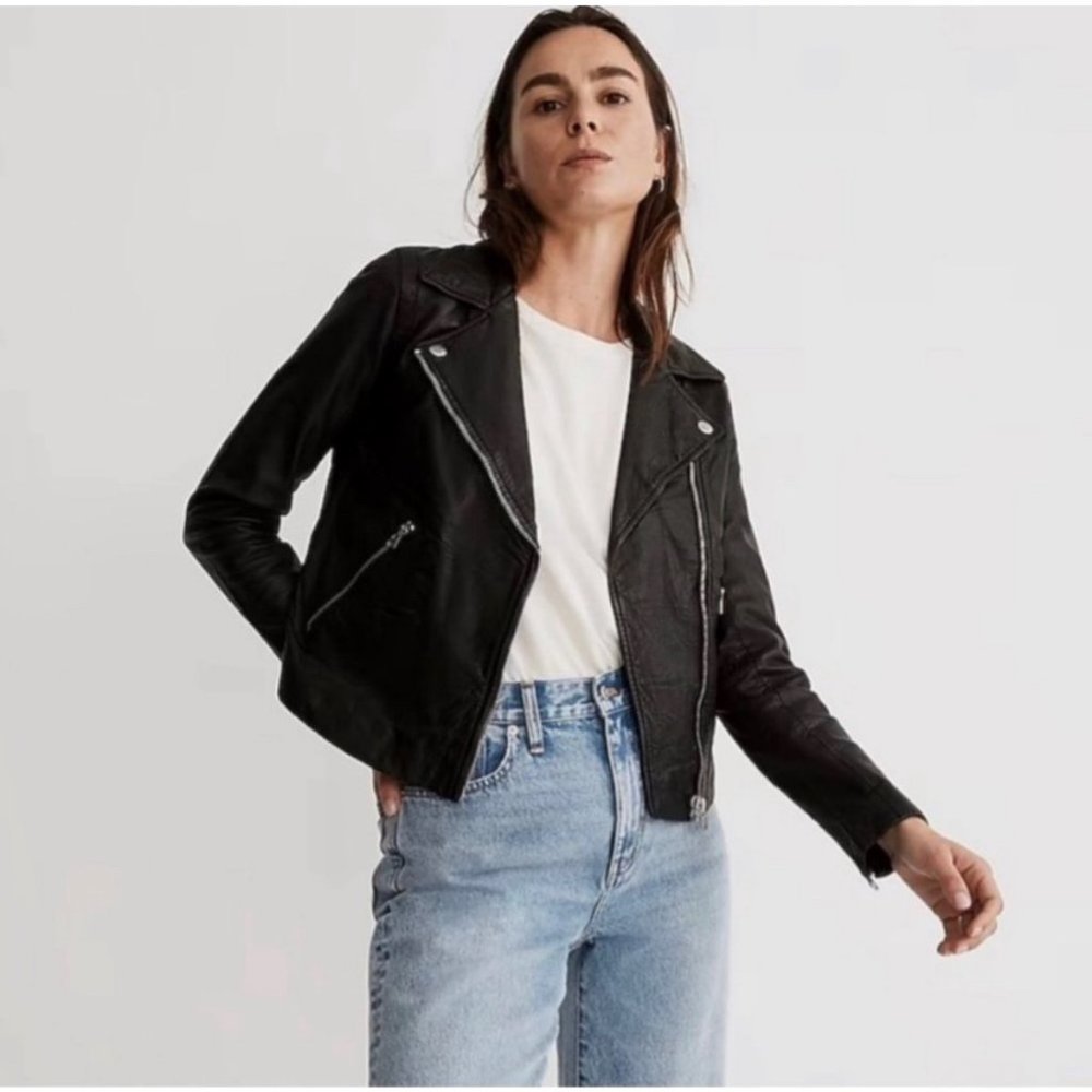 Madewell Washed Leather Motorcycle Jacket in Black